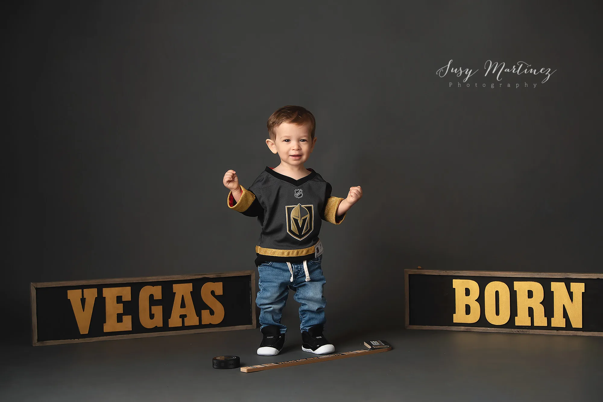 Vegas Knights hockey portraits for first birthday 