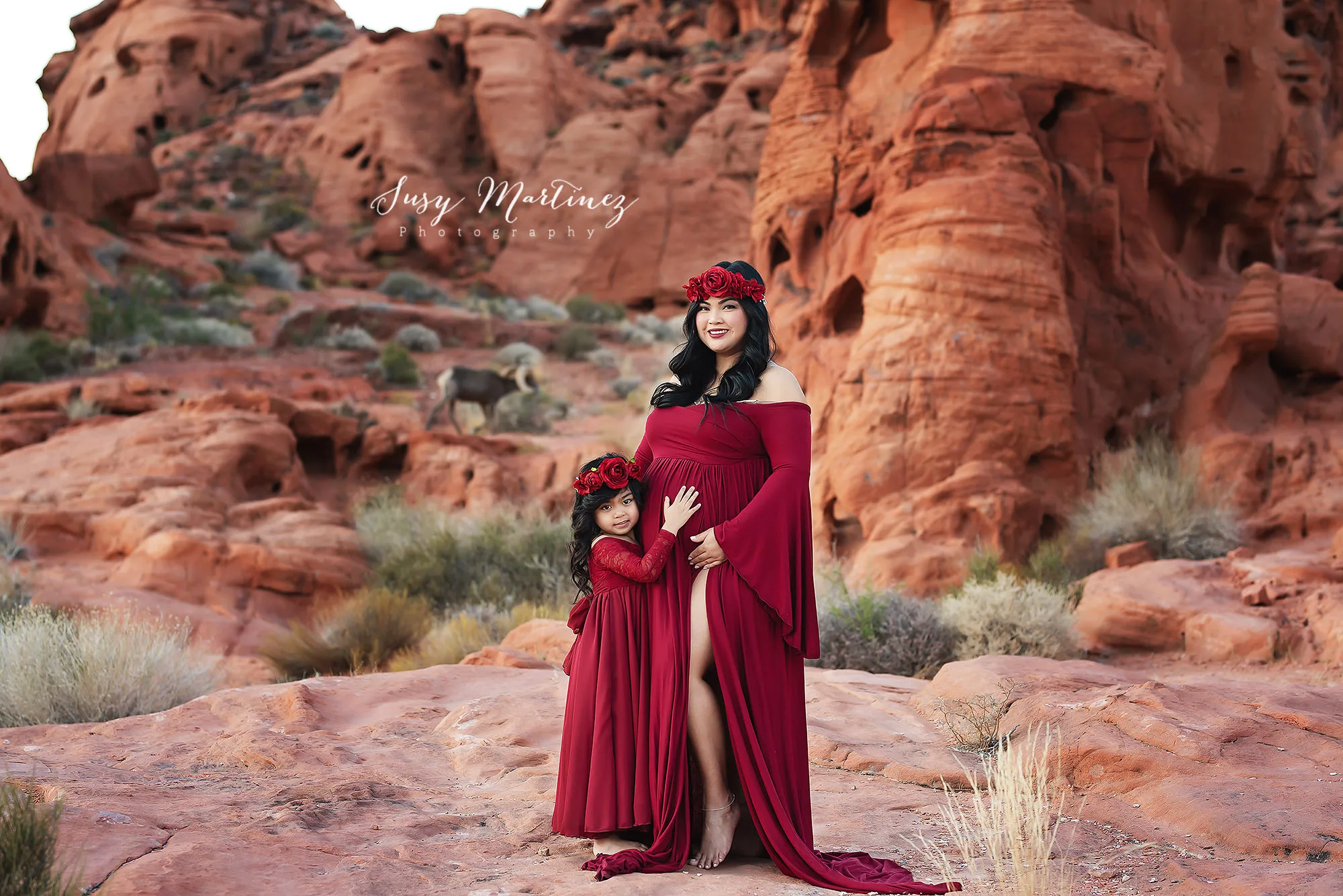 mom and daughter pose in red matching gowns from Sew Trendy Accessories 