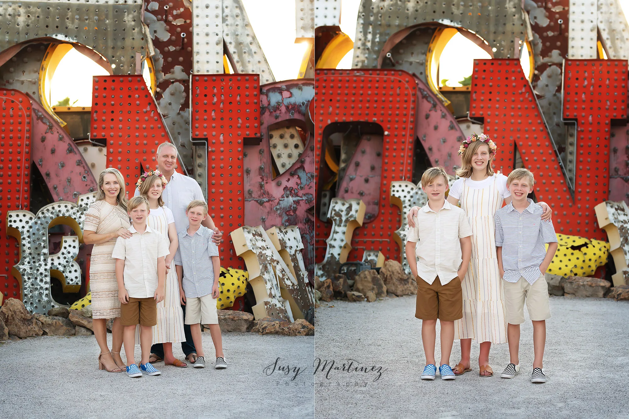 sister hugs twin brothers during Neon Boneyard Family Portraits