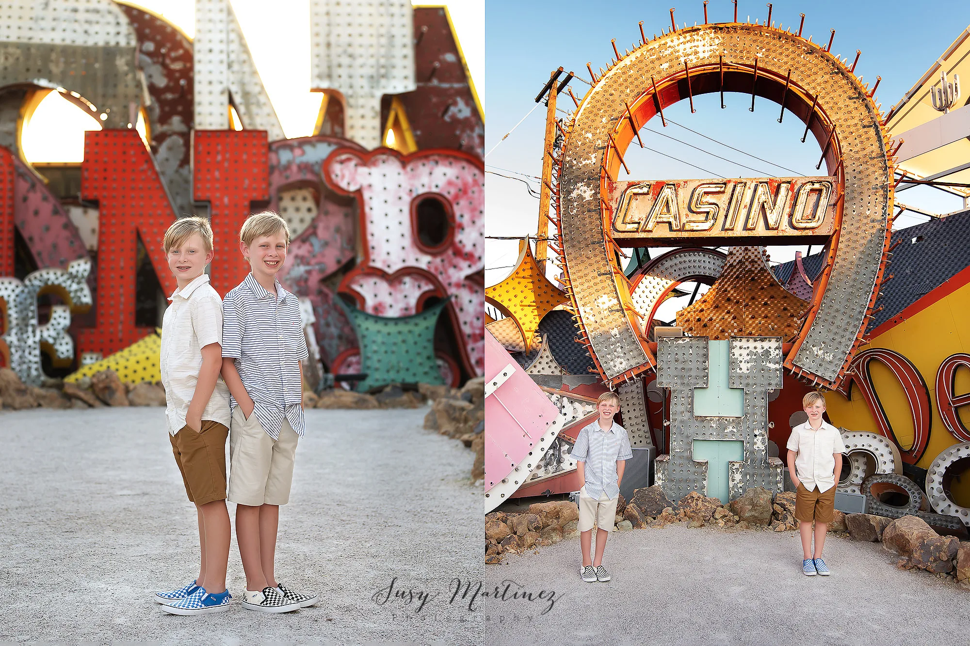 twins pose with old neon signs in North Gallery of Neon Boneyard
