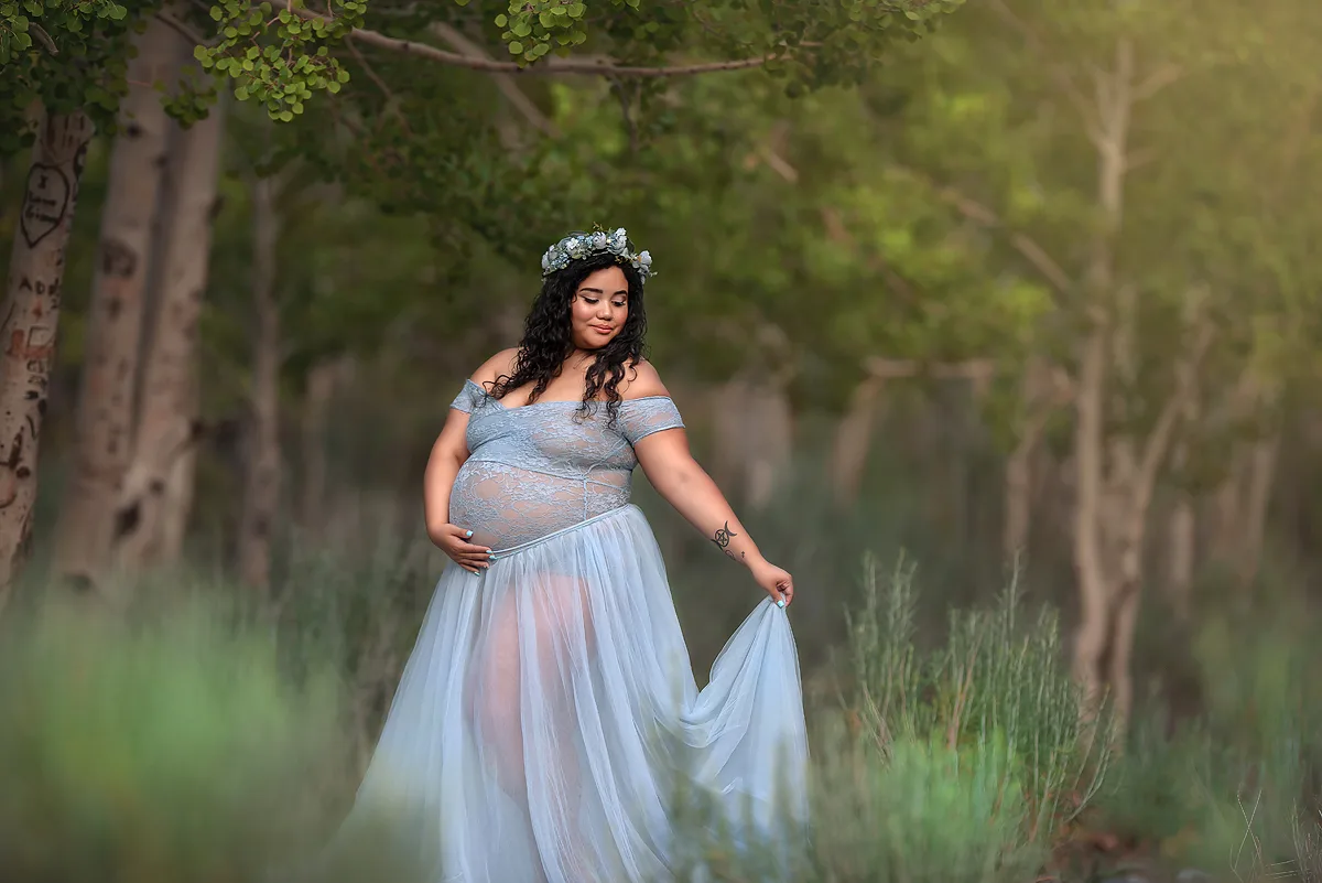 Yessica 0286 expecting mom poses in Sew Trendy gown on Las Vegas mountain