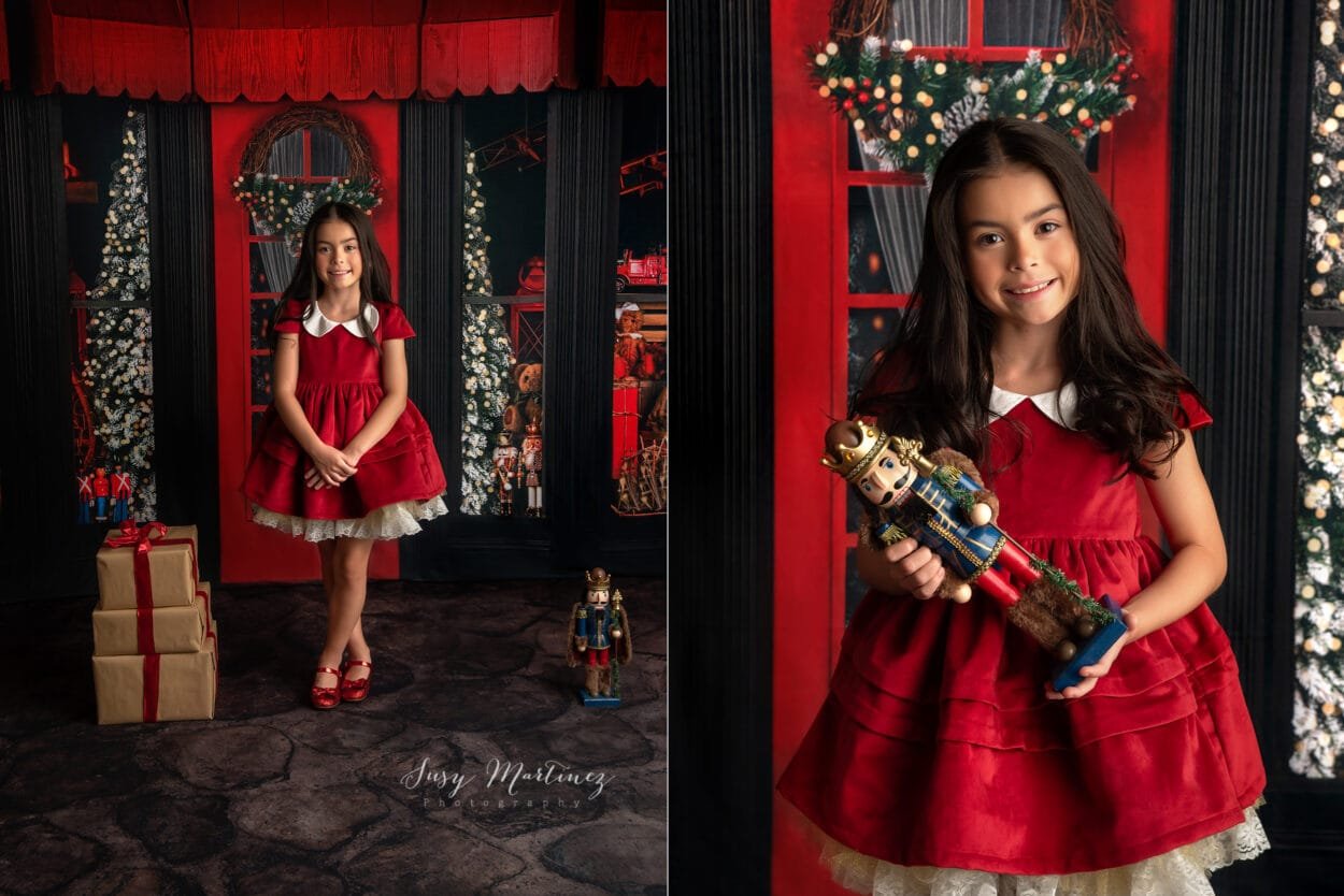 girl in red christmas dress holding a nutcracker